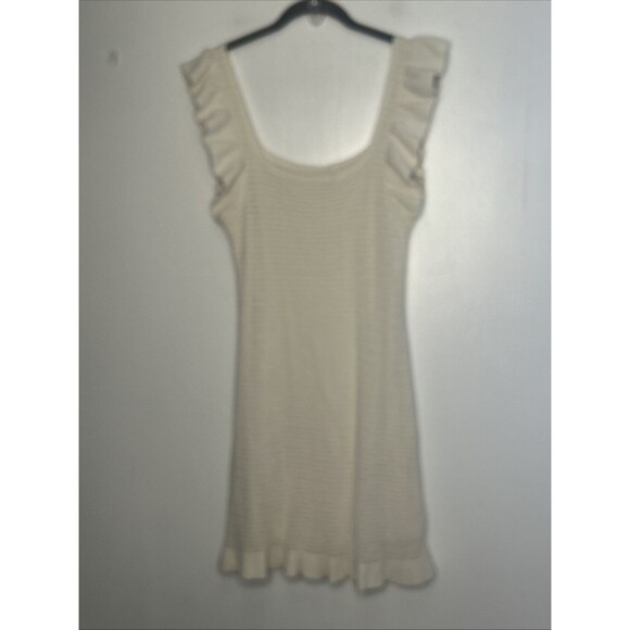 Anthropologie Ruffled Pointelle Knit Mini Dress Medium Square Neck Ivory Cream - Picture 4 of 5